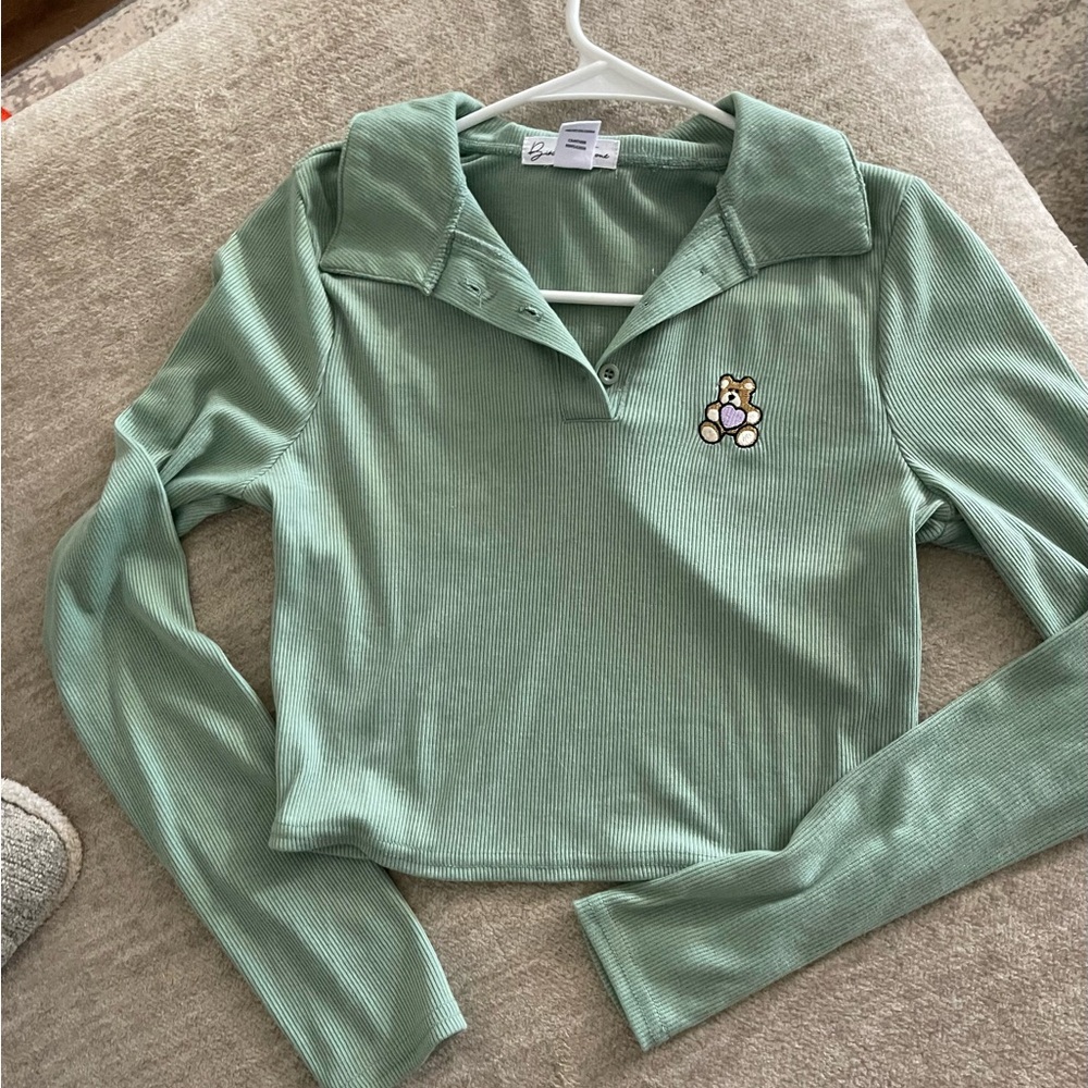Charlotte Russe Mint Green Kids Button Down Shirt with Bear Patch